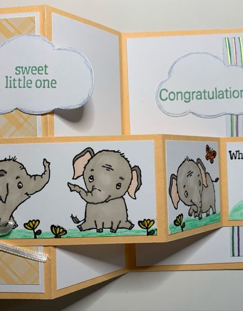 I created this cute Z-Fold card using the Stampin' Up! Elephant Parade stamp and die bundle. I used two different types of designer series paper to make it really unique. The clouds overlap so that the inside of the card is a surprise. Elephant Parade Cards, Stampin Up Elephant Parade, Elephant Parade, Designer Series Paper, Fun Fold Cards, Congratulations Card, The Cloud, Baby Cards, Blank Greeting Cards