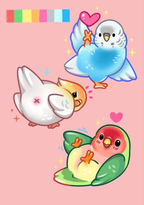 Cute Parakeet Drawing, Kawaii Bird Drawing, Bird Drawing Cute, Bird Color Palette, Budgie Drawing, Kawaii Parrot, Cockatiel Art, Cute Bird Drawing, Kawaii Bird