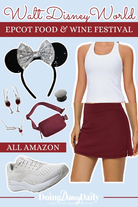 outfit collage of white tank top, wine colored athletic skirt, black and silver Minnie Mouse ears, burgundy belt bag, white tennis shoes, wine glass earrings, epcot ball pop-it for phone, wine glass necklace Food And Wine Festival Outfit, Cute Disney World Outfits, Wine Festival Outfit, Epcot Outfit Ideas, Epcot Outfit, Outfit Ideas Comfy, Epcot Food And Wine Festival, Wine Outfit, Cute Disney Outfits