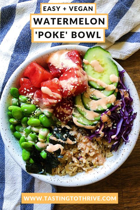 This easy vegan watermelon 'poke' bowl recipe comes together in just 30-minutes, making it the perfect weeknight dinner idea or packable lunch! Healthy, delicious, vegan and gluten-free! #veganpoke #watermelonpoke #healthypoke #veganwatermelonpokerecipe #watermelonpokerecipe #pokerecipe #healthybowl #buddhabowl #veganbowl #vegandinner #easydinner #healthydinner #veganlunch #healthylunch #easylunch #watermelon #watermelonrecipe #vegan #healthyrecipe #veganrecipe #vegetarian #glutenfree #plant Watermelon Poke, Vegan Poke, Packable Lunch, Poke Recipe, Poke Bowl Recipe, Easy Vegan Lunch, Vegan Summer Recipes, Plantbased Recipes, School Recipes