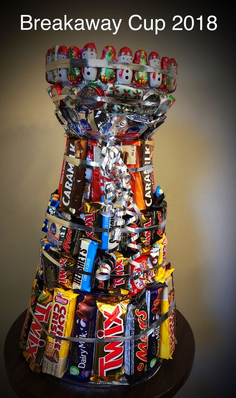 Chocolate Bar Stanley Cup Candy Stanley Cup, Stanley Cup Candy Trophy, Hockey Candy Ideas, Hockey Treats, Hockey Fundraiser, Hockey Basket, Stanley Cup Gift, Stanley Cup Hockey, Hockey Cup