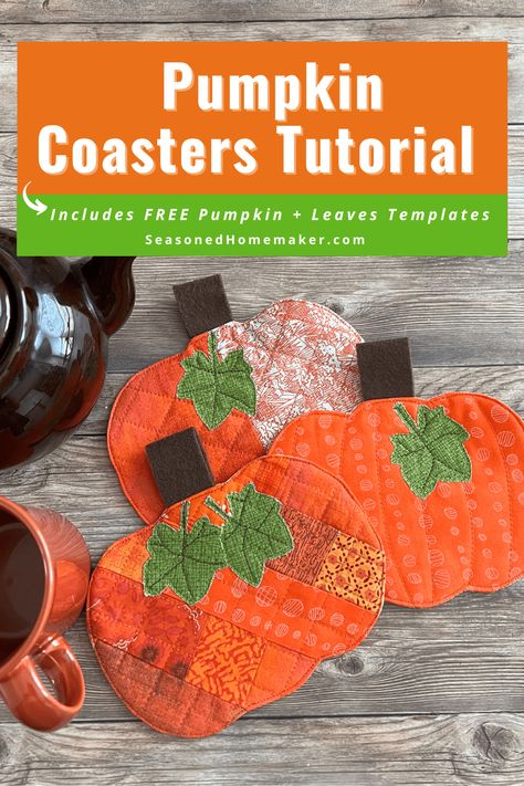 Learn How to Sew Quilted Pumpkin Coasters. These are charming and easy to make plus they also make a great mug rug! Acorn Template, Fall Sewing Crafts, Straight Stitch Quilting, Fall Sewing Projects, Fall Quilt Patterns, Fall Acorns, Quilted Coasters, Mug Rug Patterns, Fall Sewing