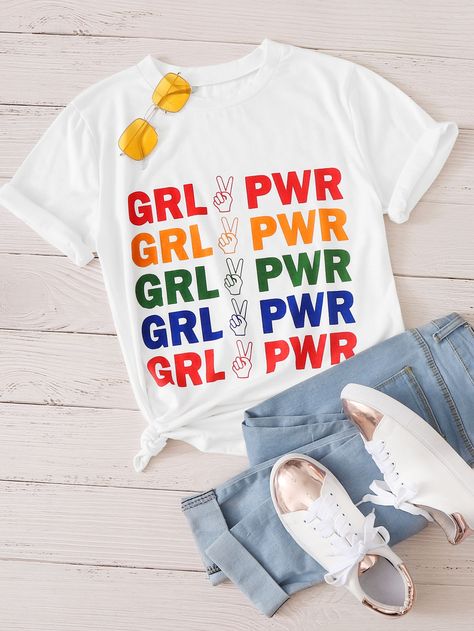 Letter And Figure Print Tee Check out this Letter And Figure Print Tee on Shein and explore more to meet your fashion needs! Printed Tee Women, Rainbow Peace, Girl Power Shirt, Lantern Sleeve Top, Belted Romper, Pink Lemon, Vintage Girl, Women T Shirts, Floral Print Shorts