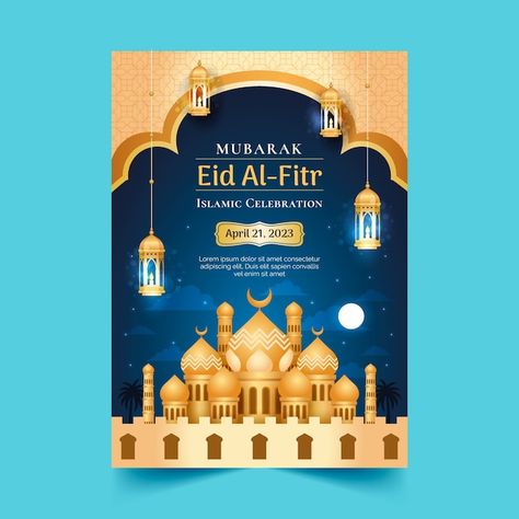 Gradient vertical poster template for ei... | Free Vector #Freepik #freevector #idul-fitri #idul #eid-al-fitr #eid-flyer Eid Flyer Design, Hari Raya Poster Design, Eid Fitr Design, Poster Idul Fitri, Eid Poster Design, Idul Fitri Design, Eid Poster, Islamic Design Pattern, Fitr Eid