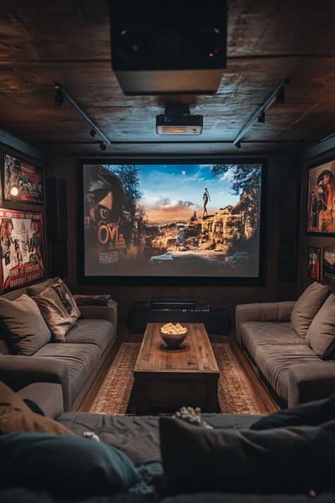 Study And Entertainment Room, Playroom Entertainment Room, Farmhouse Entertainment Room, Boho Theater Room, Bonus Room Movie Theater, Movie Room Lighting Ideas, Dark Bonus Room, Media Room Inspiration, Small Home Movie Room