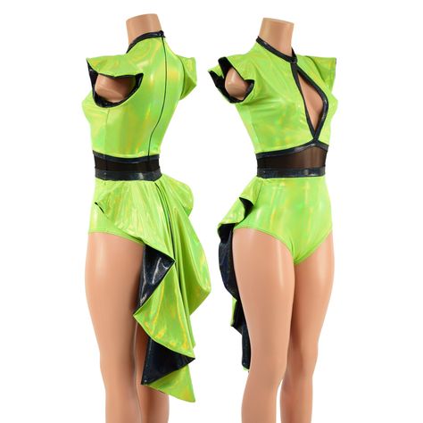 "This neon green romper is holographic AND Neon under blacklights! The main fabric is lime holographic, with black holographic trim and a black mesh waist panel. Flip sleeves, a keyhole neckline, and a tuxedo back. Siren cut leg, and a sheer black mesh panel across the center. The under side of the tuxedo tail is black holographic. Zipper back. This item is made to order. Ships out within 5 days of purchase. Womens Sizing (See below for instructions on where measurements should be taken) XXS: Bu Black And Green Dance Costume, Neon Green Rave Outfit, Green Rave Outfit, Neon Green Outfits, Catsuit Outfit, Tuxedo With Tails, Black And Green Dress, Women Romper, Rave Dress