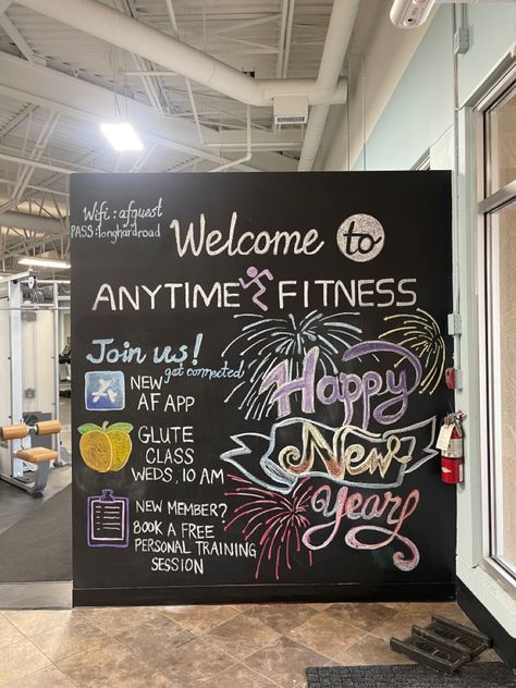 Gym Chalkboard Ideas, Anytime Fitness Chalkboard, Gym Chalkboard, Chalk Wall, Gym Wall, Gym Ideas, Anytime Fitness, Planet Fitness Workout, Pilates Studio