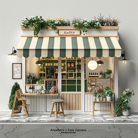 Italian Shop Design, Bakery Shop Front Design, Cute Kiosk Design, Cute Storefront Design, Cute Cafe Ideas Decor, Cafe Packaging Ideas, Cottagecore Cafe Aesthetic, Plant Shop Exterior, Small Cafe Shop Design