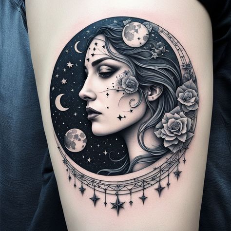 "Cosmic Reflections: The Face of the Moon" This striking black-and-white tattoo weaves a split face with a crescent moon and stars, capturing the surreal elegance of the celestial and human connection. Hashtags: #CosmicReflections #MoonTattoo #SurrealArt #MonochromaticInk #TattooDesign #tattoos #tattooart #tattooing #tattooideas #tattoodesign #tattooartist #tattooart #tattooinspiration Galaxy Head Tattoo, Moon Face Tattoo, The Moon Tattoo, Cosmic Tattoo, Head Tattoos, White Tattoo, Human Connection, Moon And Stars, Moon Tattoo