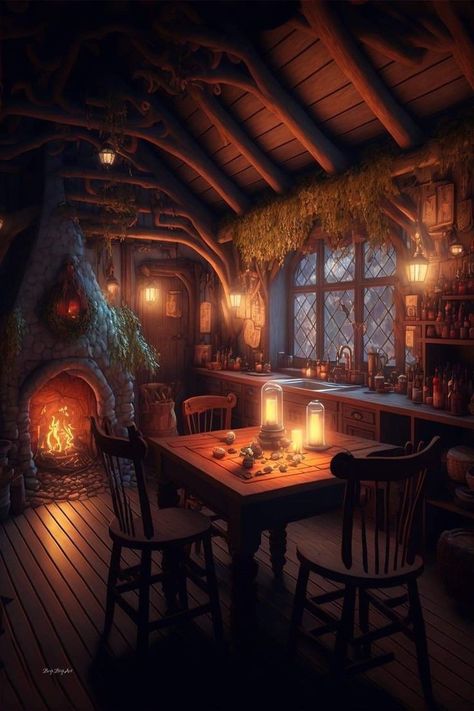 Fantasy Cottage Kitchen, Cozy Fantasy House, Fantasy Cottage Aesthetic, Cozy Fantasy Aesthetic, Fantasy Cottage Art, Fantasy Cottage Interior, Fantasy Cabin, Magic Places Fantasy Dreams, Painter Photography