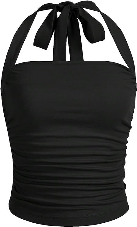 SOLY HUX Women's Ruched Halter Y2K Crop Tops Tie Back Sleeveless Slim Fit Cami Tops Plain Black M at Amazon Women’s Clothing store Halter Cami Top, Y2k Crop Top, Short Tank Top, Womens Halter Tops, Slim Fit Top, Halter Tops, Shorts Pants, Cami Crop Top, Top For Women