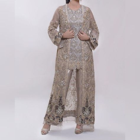 Latest Pakistani Dress Designs 2020, Net Dresses Pakistani Style, Kebaya With Pants, New Party Wear Dress, Net Dresses, Eastern Wear, Organza Jacket, Dresses Pakistani, Pakistani Party Wear Dresses