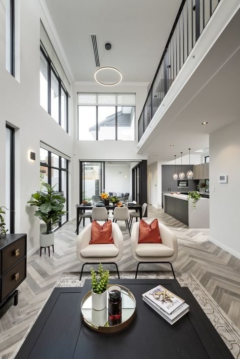 Industrial High Ceiling Living Room, Double Height Apartment, Living Room With Void Designs, Double Height Living Room Floor Plan, Double Void Living Room, Home With A Lot Of Windows, Void Living Room Design, High Ceiling Floor Plan, High Ceiling Living Room Lighting