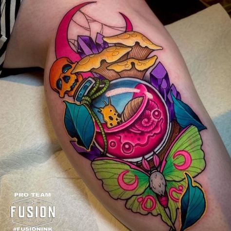 New School Color Tattoo, Vibrant Color Tattoos, Bright Colorful Tattoos, Colorful Tattoo Ideas, Neon Tattoos, Traditional Mandala Tattoo, New Age Tattoo, Foo Dog Tattoo Design, Sketch Tattoos