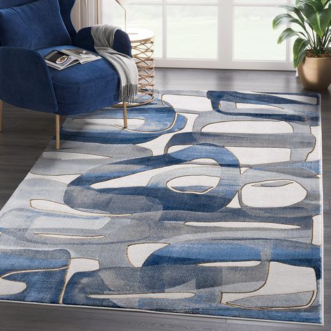 PRICES MAY VARY. Modern area rug adds warmth and enhances overall feel of living room, bedroom, kid's room, nursery, playroom, dining room, kitchen, entryway, dorm, study, or home office Stylish indoor rug is expertly power-loomed with synthetic fibers, virtually shed-free, and stain-resistant, making it ideal for homes with children and pets, and easy to maintain with proper care Versatile carpet is the finishing touch to your home or apartment space and creates a comfortable atmosphere that we Blue Gray Area Rug, Blue And White Rug, Blue Living Room Decor, Grey And White Rug, Blue Couches, Gold Living Room, Blue Grey Rug, Blue Living Room, Circular Pattern