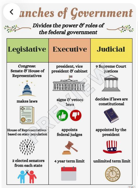 American Government Classroom Decor, Social Studies Charts Classroom, Three Branches Of Government 3rd Grade, Legislative Branch Drawing, School Government Posters, Us Government Notes, Ged Social Studies Notes, Three Branches Of Government Project, Branches Of Government Anchor Chart