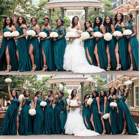 ⚠ Caution: MAJOR wedding party slayage! ⚠ _______ * Bride: @veraciouslyyours * Bridesmaids' dresses: @bridesmaidsbynona * Makeup:… Green And Burgundy Wedding, Luxury Wedding Gown, Black People Weddings, Emerald Green Wedding Theme, Egyptian Wedding, Emerald Green Bridesmaid Dresses, Emerald Green Wedding, Groomsmen Tuxedos, Bridal Squad