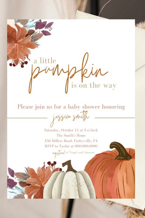 Fall baby shower invitation, pumpkin baby shower invite, baby shower invite neutral, autumn baby shower, little pumpkin shower invite Little Pumpkin Baby Shower Invitations, Fall Baby Shower Invitations, Pumpkin Baby Shower Invitations, Baby Shower Little Pumpkin, Lil Pumpkin Baby Shower, Neutral Autumn, Bebe Shower, Baby Shower Invites Neutral, Fall Baby Shower Invites