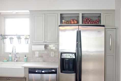 Remodeled Kitchen Using Original Cabinets With DIY Custom Doors. No doors above the fridge, love it! Ideas For Top Of Refrigerator, Space Above Refrigerator, Space Above Fridge, Wesley House, Above Refrigerator, Downstairs Ideas, Above Fridge, Dark Oak Cabinets, Above The Fridge