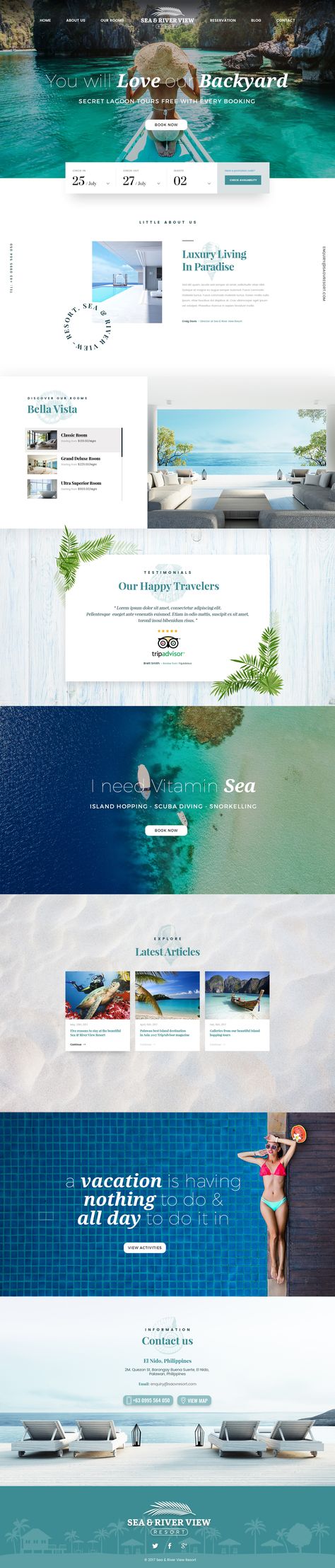 Interesting that this is a web design, but the 3-4th panels can work well as a converted postcard design. 3rd panel is kind of what I'm picturing for the e-mail campaign - though more complex and elevated of the card design. Luxury Tropical Resort, Travel Book Layout, Hotel Website Design, Bio Pool, Travel Book Design, Webdesign Inspiration, Hotel Website, Tropical Resort, Website Design Layout