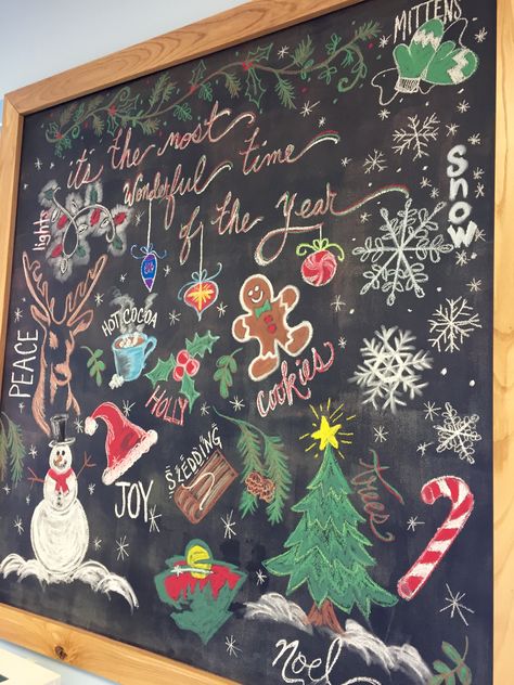 By Jen Muehlbauer Gingerbread House Chalkboard Art, Blackboard Christmas Ideas, Chalk Christmas Art, Christmas Chalk Wall, Christmas Chalkboard Ideas Easy, Chalkboard Christmas Ideas, Christmas Whiteboard Ideas, Chalkboard Art Christmas, Christmas Blackboard