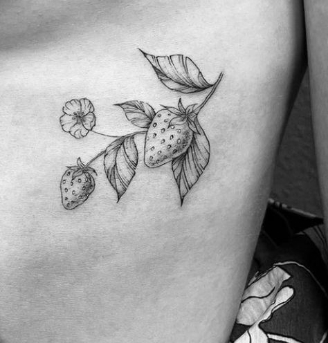 Strawberry And Flowers Tattoo, One Line Strawberry Tattoo, Strawberry Plant Tattoo Small, Strawberry Bunch Tattoo, Strawberry Basket Tattoo, Strawberry Plant Tattoo Black And White, Vintage Strawberry Tattoo, Strawberry Collarbone Tattoo, Strawberry Blossom Tattoo