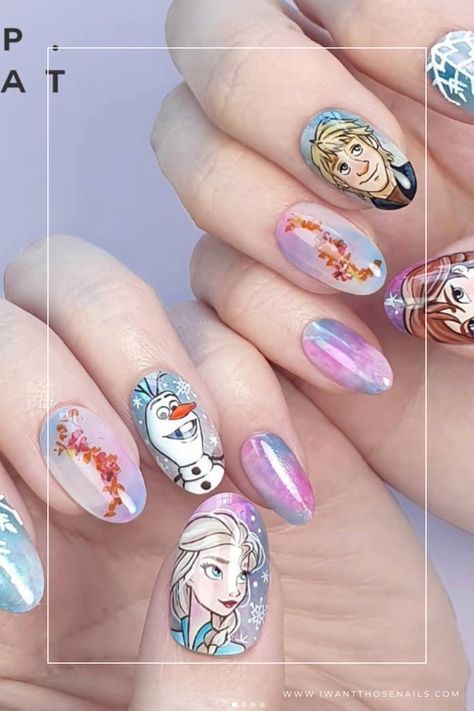 frozen character nails Frozen Nail Designs, Elsa Nails, Disney Frozen Nails, Frozen Nail Art, Princess Nail Art, Frozen Character, Frozen Nails, Disney Princess Nails, Nail Room Ideas