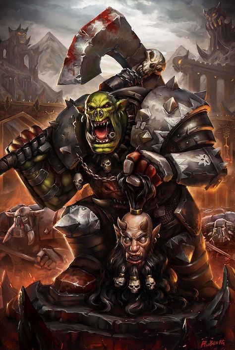 Grimgor Ironhide, renowned by his kind as the Once and Future Git is considered by many to be one of the greatest Black Orc Warlords to have ever lived. This monstrous warrior has culled a great swath of destruction throughout the lands of the Old World and beyond, claiming ownership of many Orc and Goblin tribes and making Red Eye Mountain the heart of his small empire. Orcs Warhammer, Grimgor Ironhide, Warhammer Fantasy Orcs, Warhammer Greenskins, Orc Dnd, Black Orcs, Warhammer Orks, Warhammer Fantasy Roleplay, Fantasy Battle