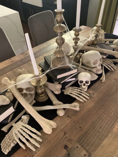 Halloween Table Centerpiece of Bones Skeleton Candy Table, Halloween Skeleton Table Decor, Halloween Spooky Table Decor, Bones Halloween Decor, Halloween Coffee Table Centerpieces, Halloween Bones Decorations, Bone Themed Party, Halloween End Table Decor, Bag Of Bones Halloween Ideas