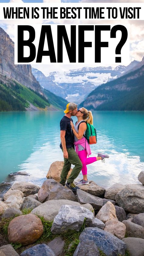 When is the best time to visit Banff National Park in Alberta, Canada? We answer the best time to see the beautiful Canadian Rockies and the majestic mountains. Including the best time to visit Lake Louise, Lake Moraine, Peyto Lake and more! #Banff #Canada #Alberta #NationalPark #Jasper #Travel Best Time To Go To Banff National Park, Lake Alberta Canada, Banf National Park, Canadian Vacation Ideas, Peyto Lake Banff, Best Time To Visit Canada, Banff And Jasper National Park, Banff National Park Wedding, Lake Moraine Canada