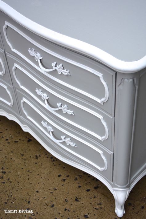 DIY Dresser Makeover French Provincial - Soft Gray and White dresser makeover - Thrift Diving Shipping Furniture, Dresser Makeovers, Vintage Bedroom Furniture, Provincial Dresser, Dresser Painted, French Provincial Dresser, French Provincial Furniture, Girls Bedroom Furniture, Diy Dresser Makeover