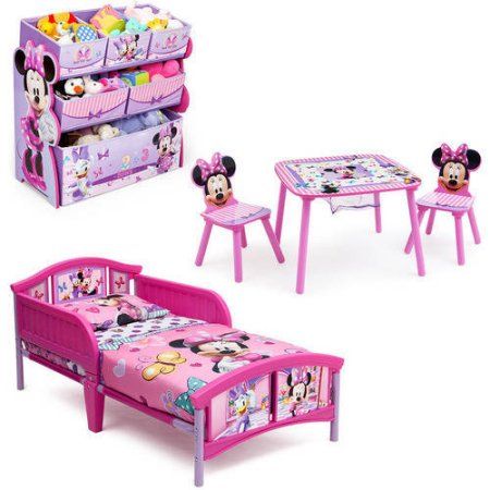 Minnie Mouse Toddler Bedding, Toddler Bedroom Sets, Minnie Mouse Bedroom, Kids Storage Units, Girls Bedroom Furniture, Kids Shelves, Big Kid Bed, Toddler Bedroom, Toy Organizer