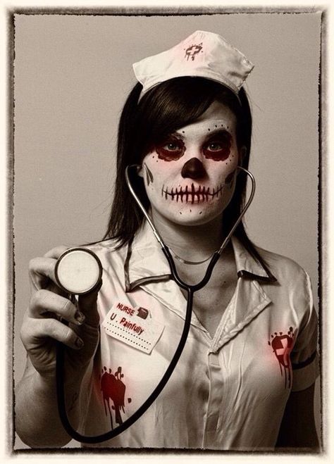 Hospital Halloween Costumes, Scary Nurse Makeup, Halloween Nurse Makeup, Makeup Costume Ideas, Horror Hospital, Nurse Makeup, Fake Wounds, Pale Foundation, Zombie Nurse