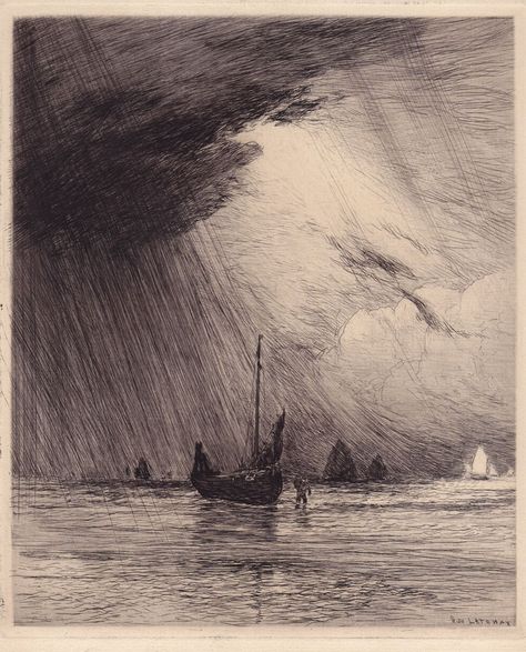 etching by GASTON DE LATENAY	 (French, 1859-1943) Gaston started his career in the 1880s as a painter of marine subjects and landscapes (oil and watercolour); he was also a lithographer & etcher. Like many French artists of his day, Gaston de Latenay was deeply influenced by Japanese art. Intaglio Printmaking, Drypoint Etching, Etching Prints, Landscape Drawings, Wood Engraving, Monoprint, Pencil Illustration, The Unknown, Art Plastique