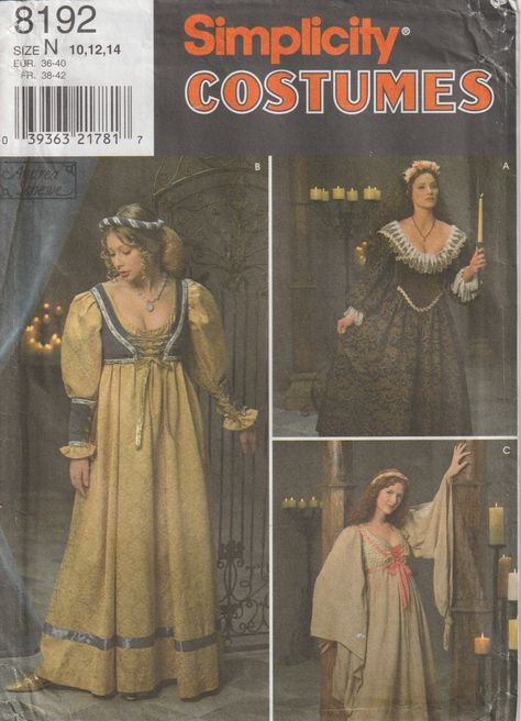 Simplicity 8192 Misses Renaissance Medieval Dress Boning Empire Waist Scoop Neck Cuffs Headband Renfair Cosplay Theatre Size 10 12 14 UNCUT Simplicity Patterns Costumes, Medieval Dress Pattern, Gown Sewing Pattern, Costume Sewing, Gothic Costume, 90s Costume, Simplicity Dress, Costume Sewing Patterns, Medieval Costume