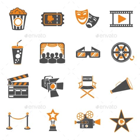 Cinema and Movie two color Icons Set with popcorn, award, clapperboard, tickets and 3D glasses. Isolated vector illustration Theater Ticket, Cinema Idea, Movie Icon, Movie Popcorn, Color Icons, 3d Business, Movie Tattoo, Flat Design Icons, Film Icon