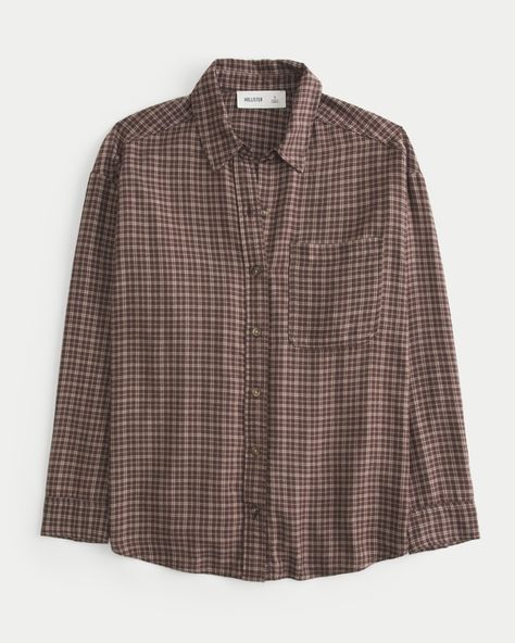 Women's Oversized Flannel Shirt | Women's Tops | HollisterCo.com Brown Plaid Shirt, 90s Flannel, Oversized Flannel Shirt, Womens Flannel Shirt, Oversized Flannel, Fall Fit, Teen Clothing, Brown Plaid, Top Graphic Tees