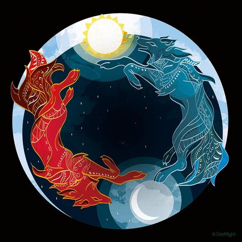 Skoll And Hati, Sun And Moon, In The Middle, The Middle, The Sun, Deviantart, Moon, Sun, Red