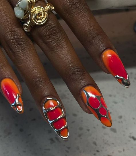 #acrylics #fallnails #nailinspo #notp #viralnails #chrome #almondshape #handdrawn Orange Nail Set, Orange Chrome Nails, Orange Chrome, Orange Nail, Orange Nails, Chrome Nails, How To Do Nails, Nail Inspo, Art Inspo