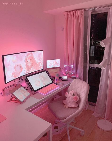 ミィド・Miido 🌸 on Instagram: “Yay! Major monitor upgrade for my setup to close the 2021 in a good note 😌🌸 It's a Christmas gift from bf and it's just so beautiful…” Video Game Room Design, Gamer Room Decor, Dekorasi Kamar Tidur, Gaming Setups, Gaming Room Setup, Cute Room Ideas, Gamer Room, Pc Setup, Home Decor Idea