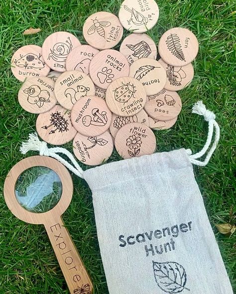 Your child will love exploring out in nature with these fun, hands on wooden scavenger hunt discs. Each set includes twenty four 2" hardwood discs that have been laser engraved with 24 different items to search for in the forest. This small and lightweight set is perfect for throwing in your bag to take along on all of your adventures and great for taking the classroom outdoors! IDEAS FOR PLAYING• Take turns pulling a disc out of the bag and have fun searching for the item(s) • For large groups Wood Games To Make, Small Laser Engraving Ideas, Laser Business Ideas, Small Business Craft Ideas, Laser Engraving Ideas To Sell, Wood Laser Projects, Laser Wood Ideas, Lasered Gifts, Forest Scavenger Hunt