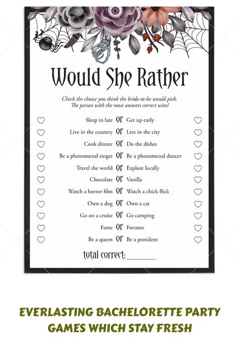 [PaidAd] Who Knows The Bride-To-Be Best? Figure It Out With These Moody Halloween Theme Bridal Shower 'Would She Rather' Game Cards. These Game Cards With Black And Purple Floral Arrangements Would Be Perfect For A Halloween Themed Bridal Shower.Let The Bride-To-Be Fill In Her Game Card Before The Bridal Shower With The Choices She Would Pick. At The Bridal Shower, Hand Out A Pen And The Cards To The Guests And Let Them Check The Choices They Think The #spookybachelorettepartygames Pagan Bridal Shower Ideas, Witchy Bridal Shower Ideas, Purple Floral Arrangements, Bridal Shower Timeline, Spooky Bachelorette Party, Moody Halloween, Would She Rather, Themed Bridal Shower, Chick Flicks