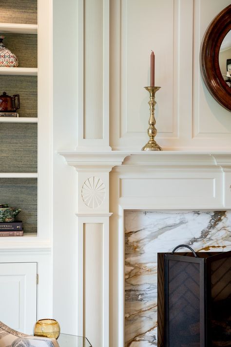 Traditional bright formal living room fireplace millwork detail in Delaware  Living  Architectural Detail  Traditional by Period Architecture Greek Revival Fireplace, Period Fireplace, Period Architecture, Wood Fireplaces, Millwork Details, Antique Brick, Gorgeous Homes, Staircase Handrail, Daniel Island