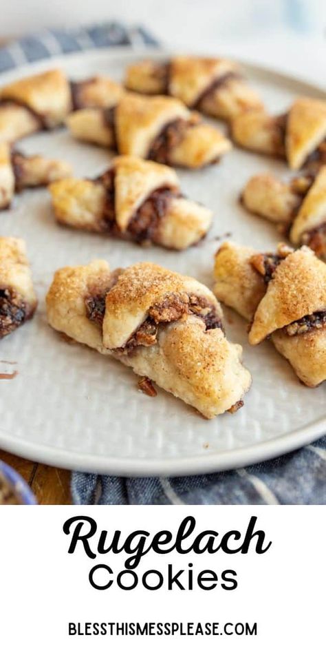 Rugelach is a cookies made with a tender pastry dough made with cream cheese and then spread with jam, nuts, and cinnamon and then rolled into a crescent and baked. They are sweet, tender, and the dough reminds me of a really good pie crust. Crescent Roll Cookies, Rugelach Cookies, Rugelach Recipe, Pie Crust Cookies, Crescent Cookies, Store Bought Pie Crust, Nut Rolls, Sweet Foods, Cheese Crust