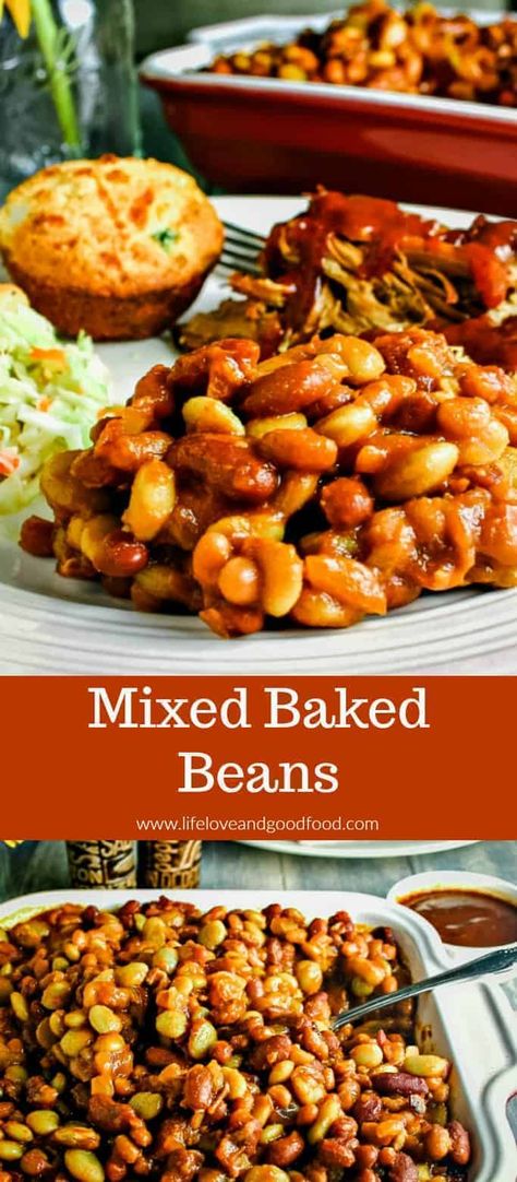 Three different types of beans go into this delicious Mixed Baked Beans recipe seasoned with bacon. It's a perfect side dish for barbecues and picnics! Mixed Baked Beans Recipe, Mixed Bean Recipes, Best Baked Beans, Spam Recipes, Easy Baked Beans, Baked Beans With Bacon, Baked Beans Recipe, Bbq Side Dishes, Baked Bean Recipes