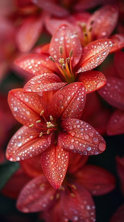 Lily Close Up, Rain Drop Background, Dew Drop Photography, A Lily Flower, Red Lilies, Aesthetic Eclectic, Wet Flowers, Flower Reference, Glowing Flowers