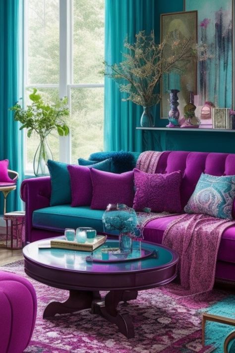 Experience the enchantment of our Dreamy Teal and Fuchsia living room collection, where mystical undertones transport you to a realm of wonder. Immerse yourself in the soothing embrace of the Dreamy Teal hues, reminiscent of a serene lagoon, while the vibrant Fuchsia accents add a touch of whimsy and intrigue. Elevate your space with this ethereal combination, and let the magic unfold in your home. Purple And Teal Living Room Ideas, Fuchsia Living Room, Turquoise Lounge, Purple Lounge, Turquoise Cottage, Tattoo Modern, Teal Rooms, Lady Violet, Purple Living Room