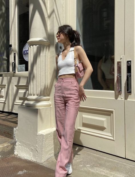 #aesthetic #pink #outfits Lace Cami Top Outfit, Aesthetic Pink Outfits, Pink Trousers Outfit, Pink Jeans Outfit, Pink Shoes Outfit, Pink Top Outfit, Pink Pants Outfit, 90s Inspired Outfits, Pink Trousers