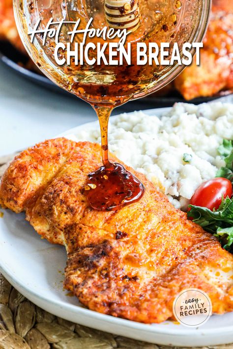 One image of hot honey chicken breast sitting on a plate being drizzled with my hot honey sauce. Red Hot Chicken Recipe, Hot Honey Chicken Recipe Easy, Chicken Hot Honey Recipe, Honey Parmesan Chicken, How To Use Hot Honey, Recipes With Mikes Hot Honey, Uses For Hot Honey, Hot Honey Recipe Chicken, Recipes Using Hot Honey