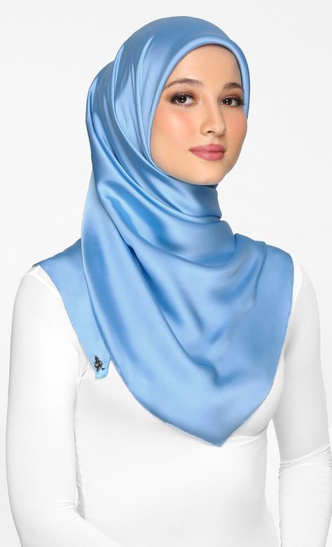 Satin Silk Square Scarf in Pool Party | FashionValet Hijabi Princess, Duck Scarves, Scarf Aesthetic, Blue Hijab, Satin Hijab, Head Coverings, Tutorial Hijab, Women Blouses Fashion, Silk Square Scarf